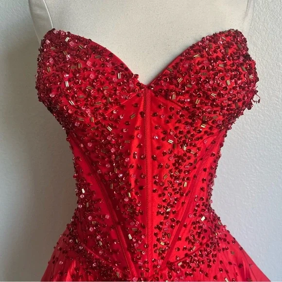 NWT MayQueen Couture USA MQ578 Red Strapless Sparkly Mini Prom Dress - Size 16 - Picture 9 of 15